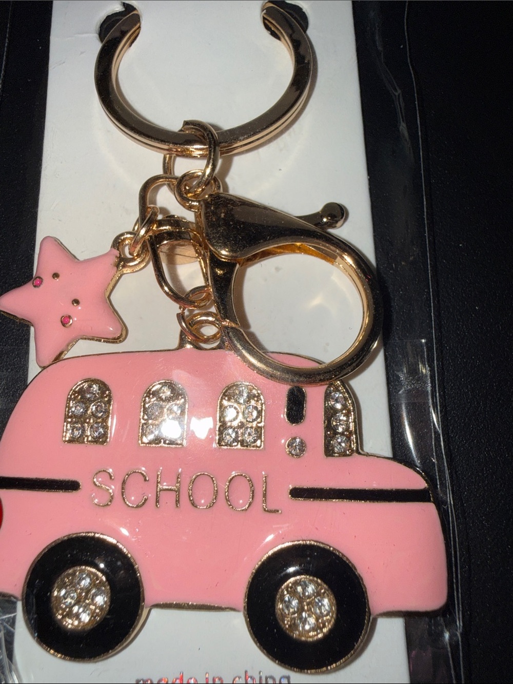Kids Pink School Bus Keychain Charm - Gold Hardware